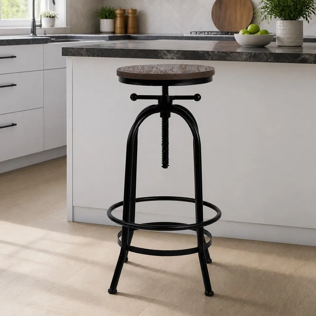 Bar Stool Adjustable Swivel Wooden Seat Kitchen Counter Height Black