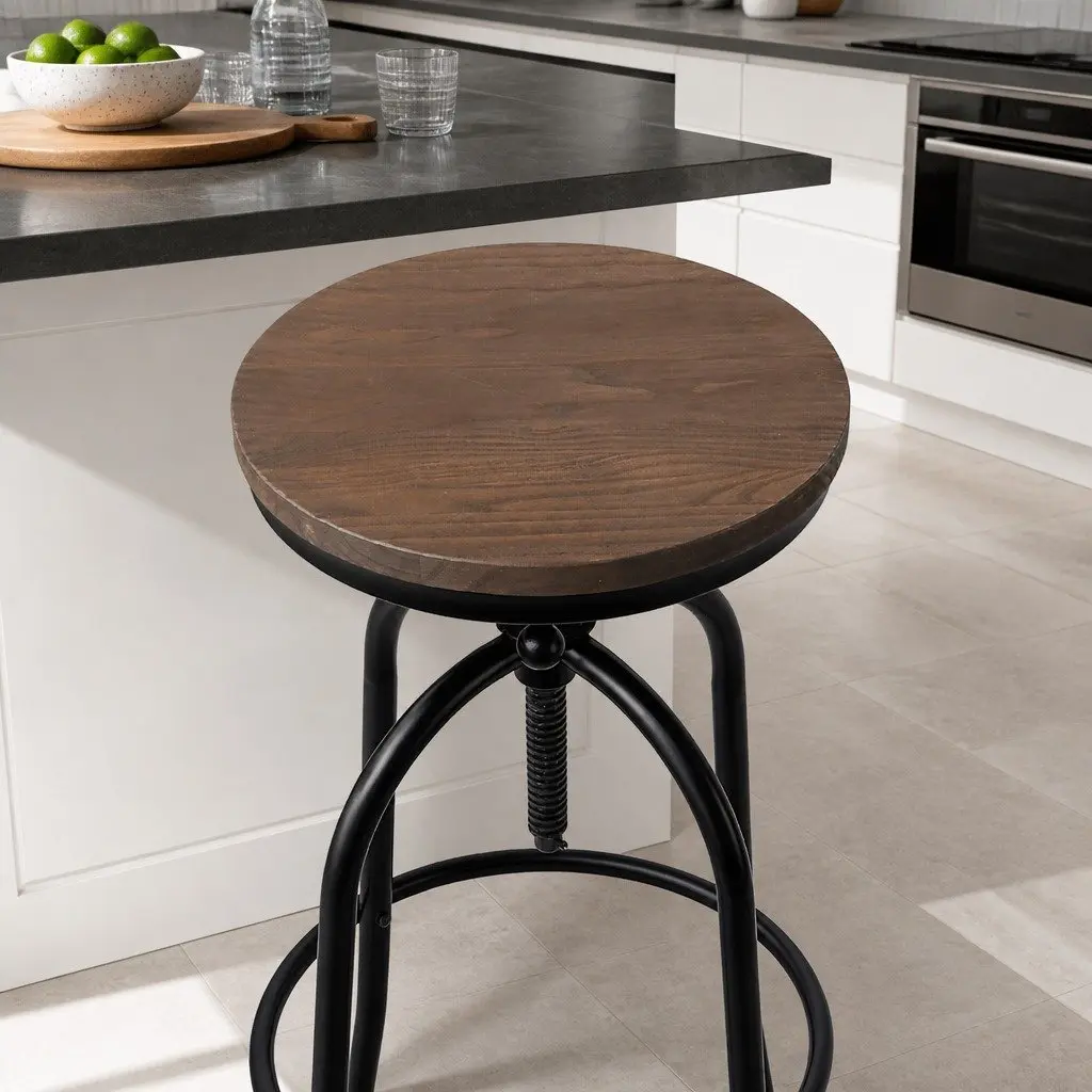 Bar Stool Adjustable Swivel Wooden Seat Kitchen Counter Height Black