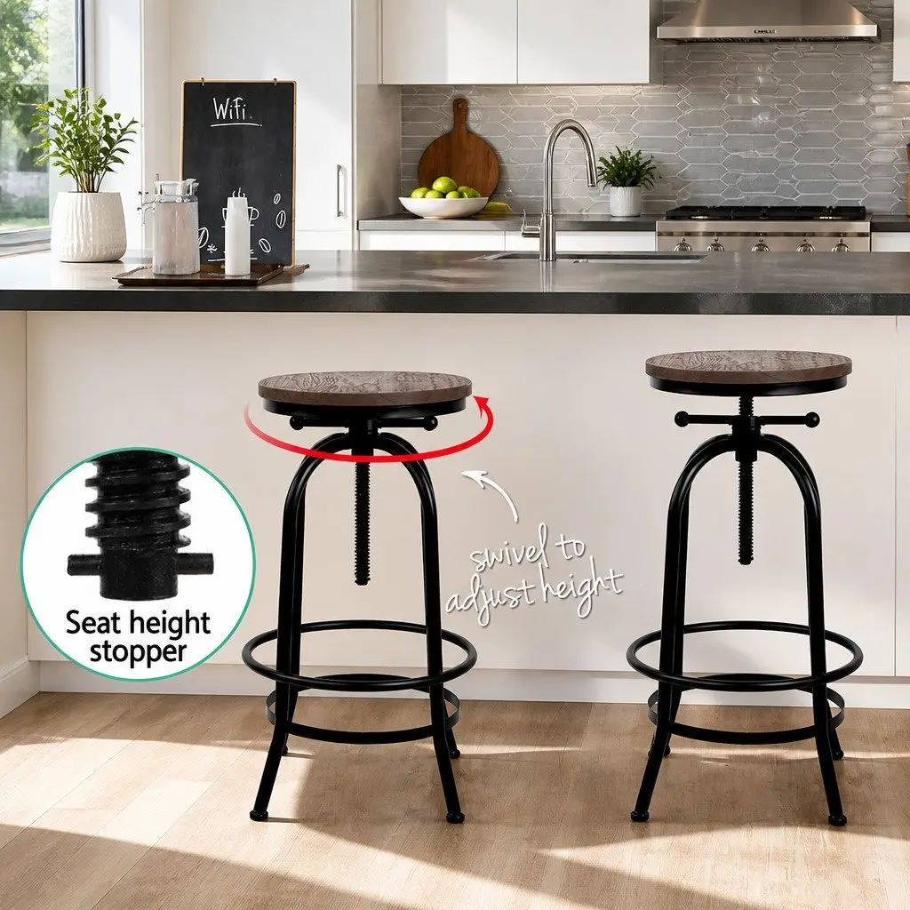 Bar Stool Adjustable Swivel Wooden Seat Kitchen Counter Height Black