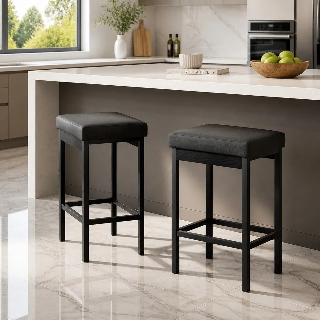 Bar Stools Metal Frame Black PU Seat 2 Piece