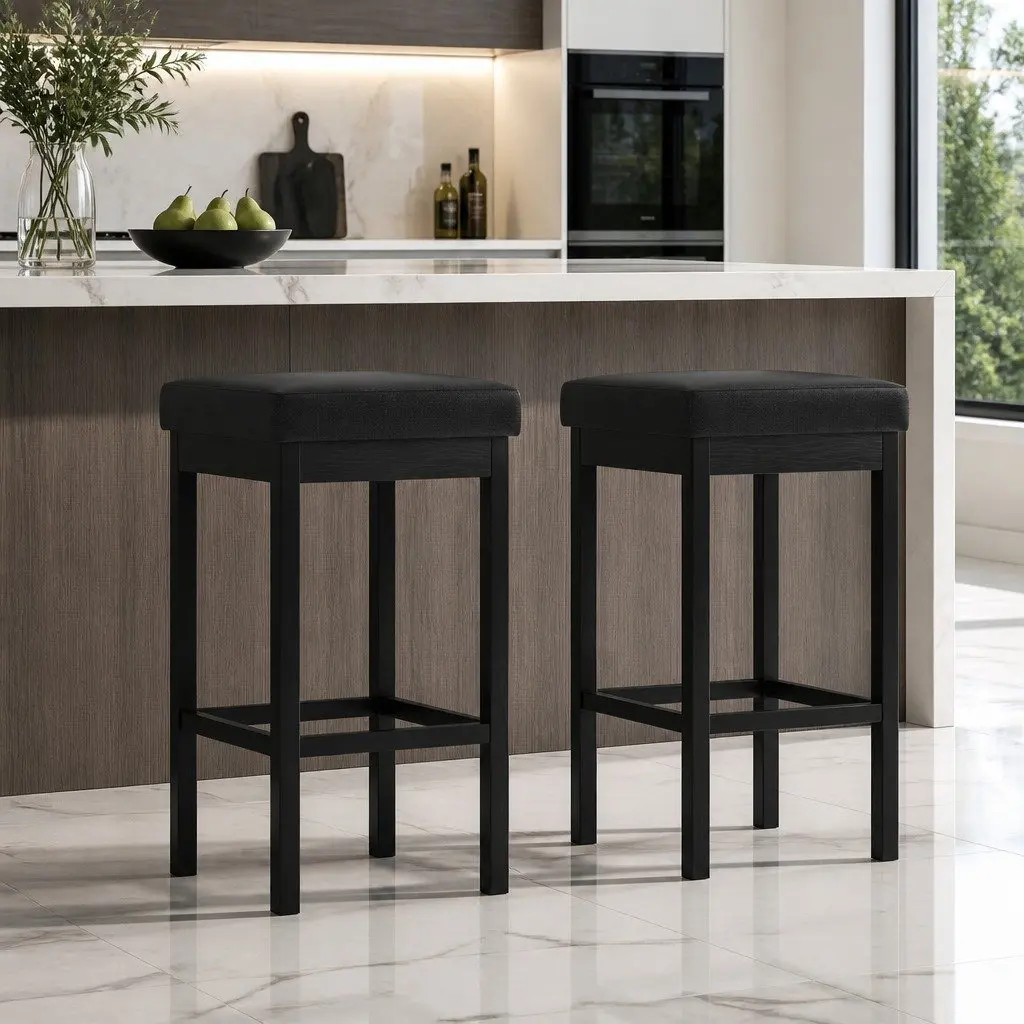 Bar Stools Metal Frame Black PU Seat 2 Piece