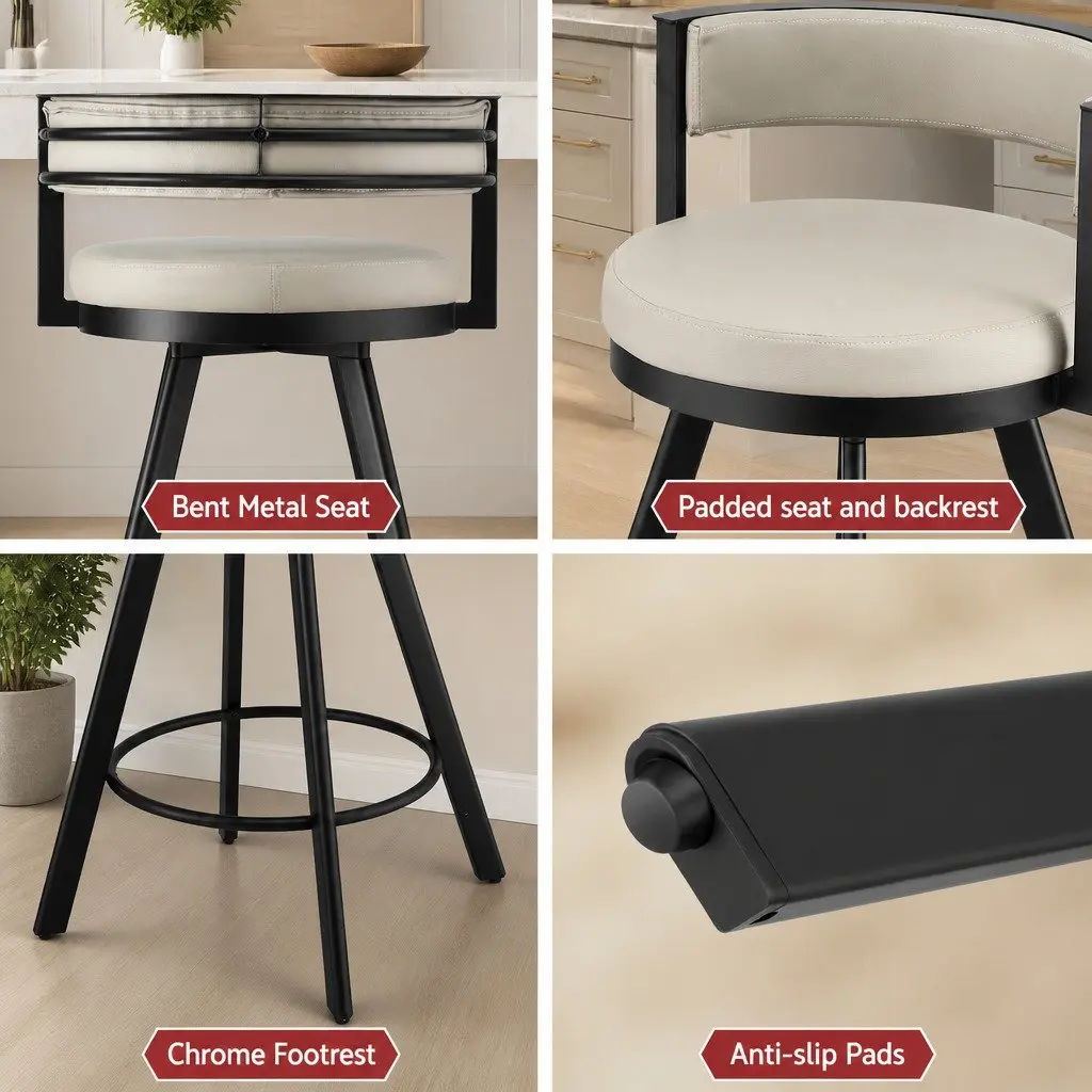 Bar Stools Swivel Beige Padded Seat Metal Counter Height 2 Piece Set