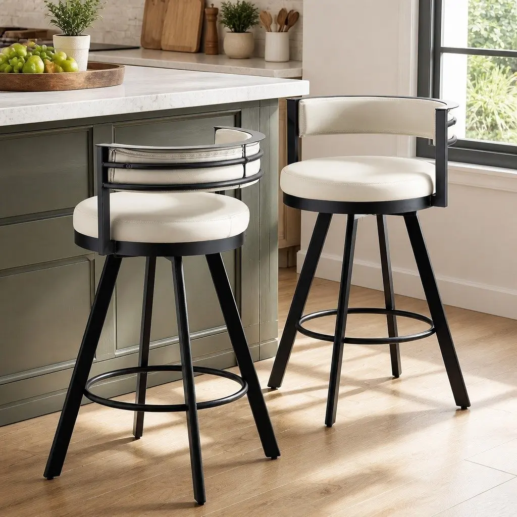 Bar Stools Swivel Beige Padded Seat Metal Counter Height 2 Piece Set