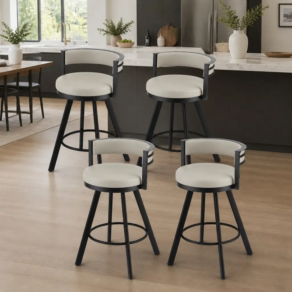 Bar Stools Swivel Kitchen Chair Beige PU Leather Padded Metal Counter 4 Piece