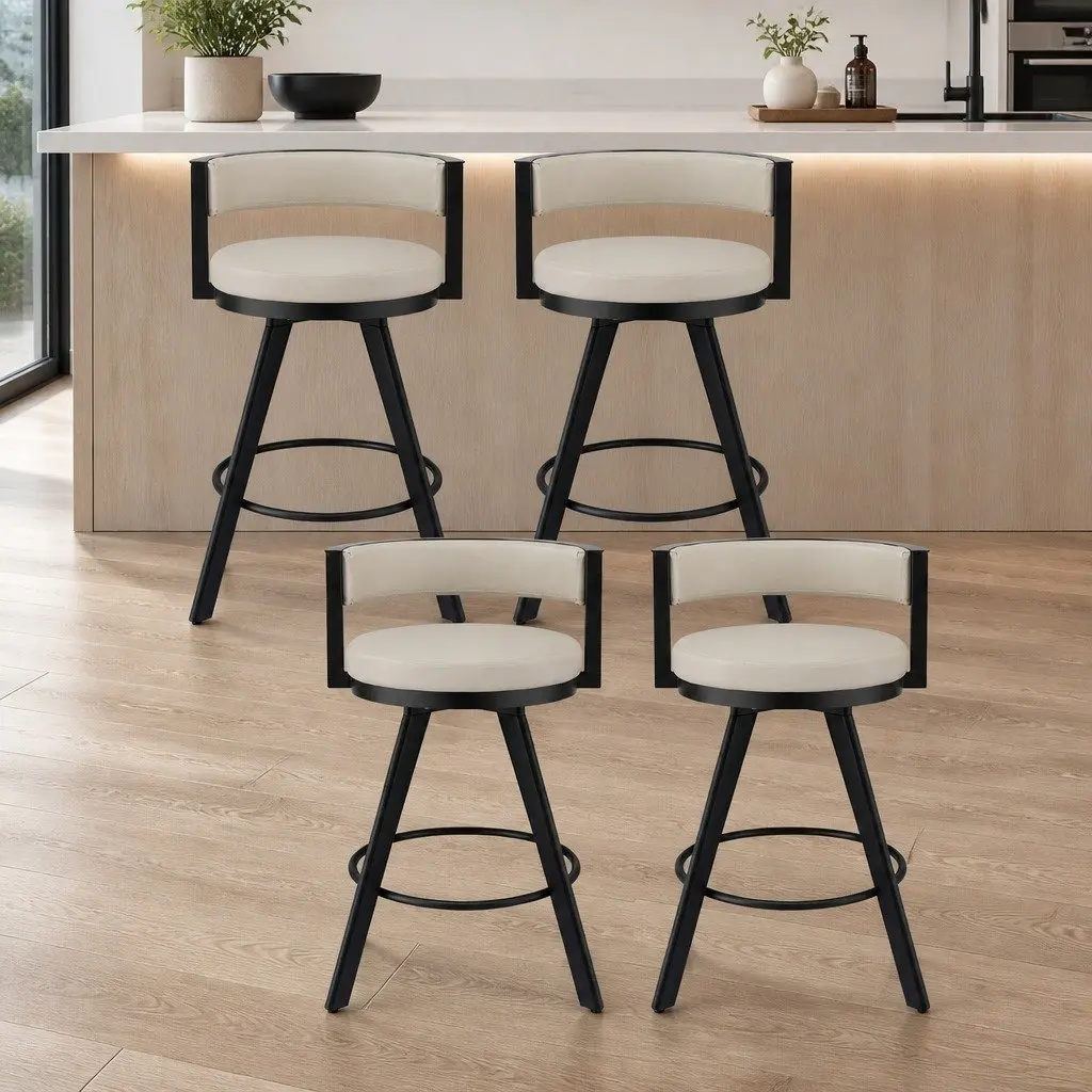 Bar Stools Swivel Kitchen Chair Beige PU Leather Padded Metal Counter 4 Piece