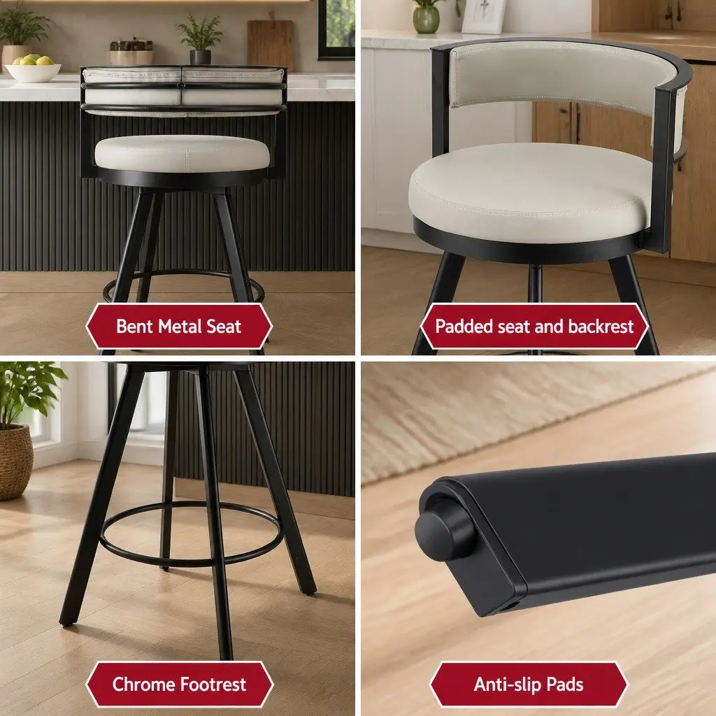 Bar Stools Swivel Kitchen Chair Beige PU Leather Padded Metal Counter 4 Piece