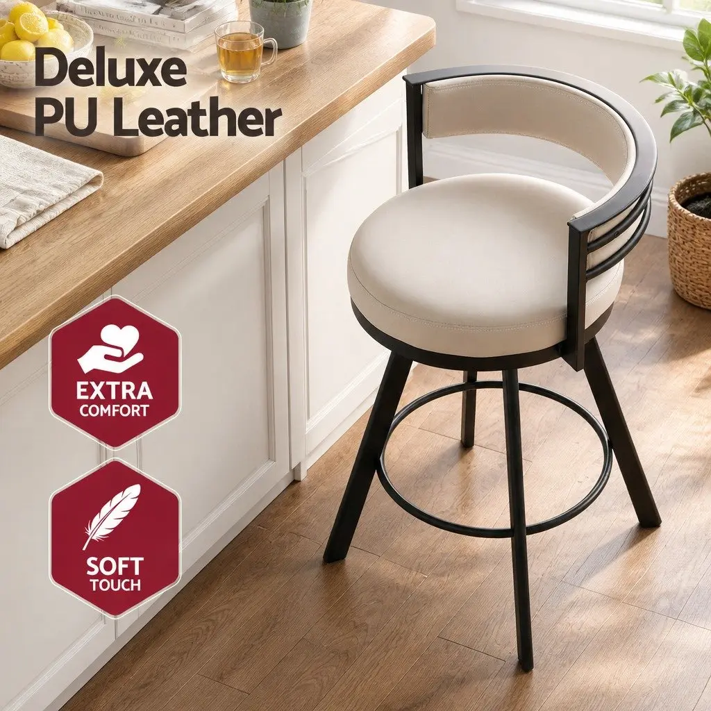 Bar Stools Swivel Kitchen Chair Beige PU Leather Padded Metal Counter 4 Piece