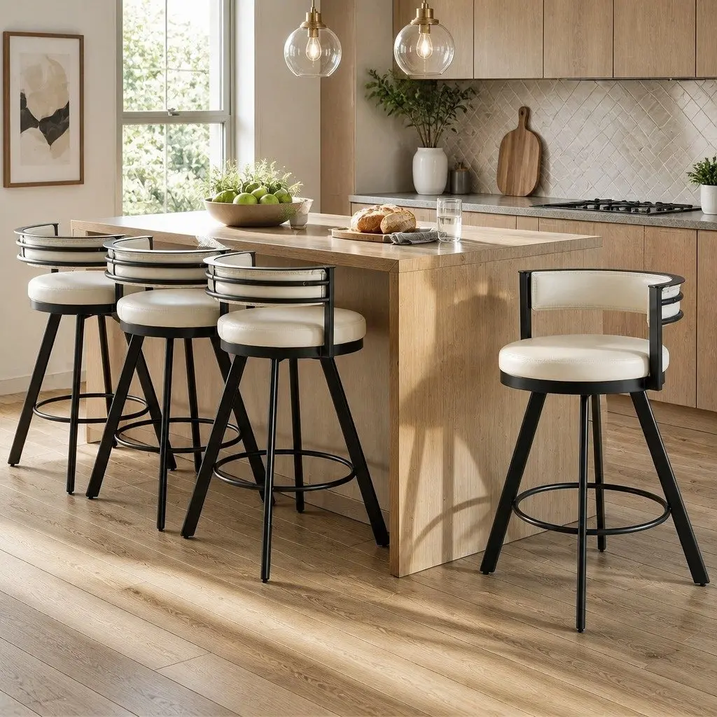 Bar Stools Swivel Kitchen Chair Beige PU Leather Padded Metal Counter 4 Piece