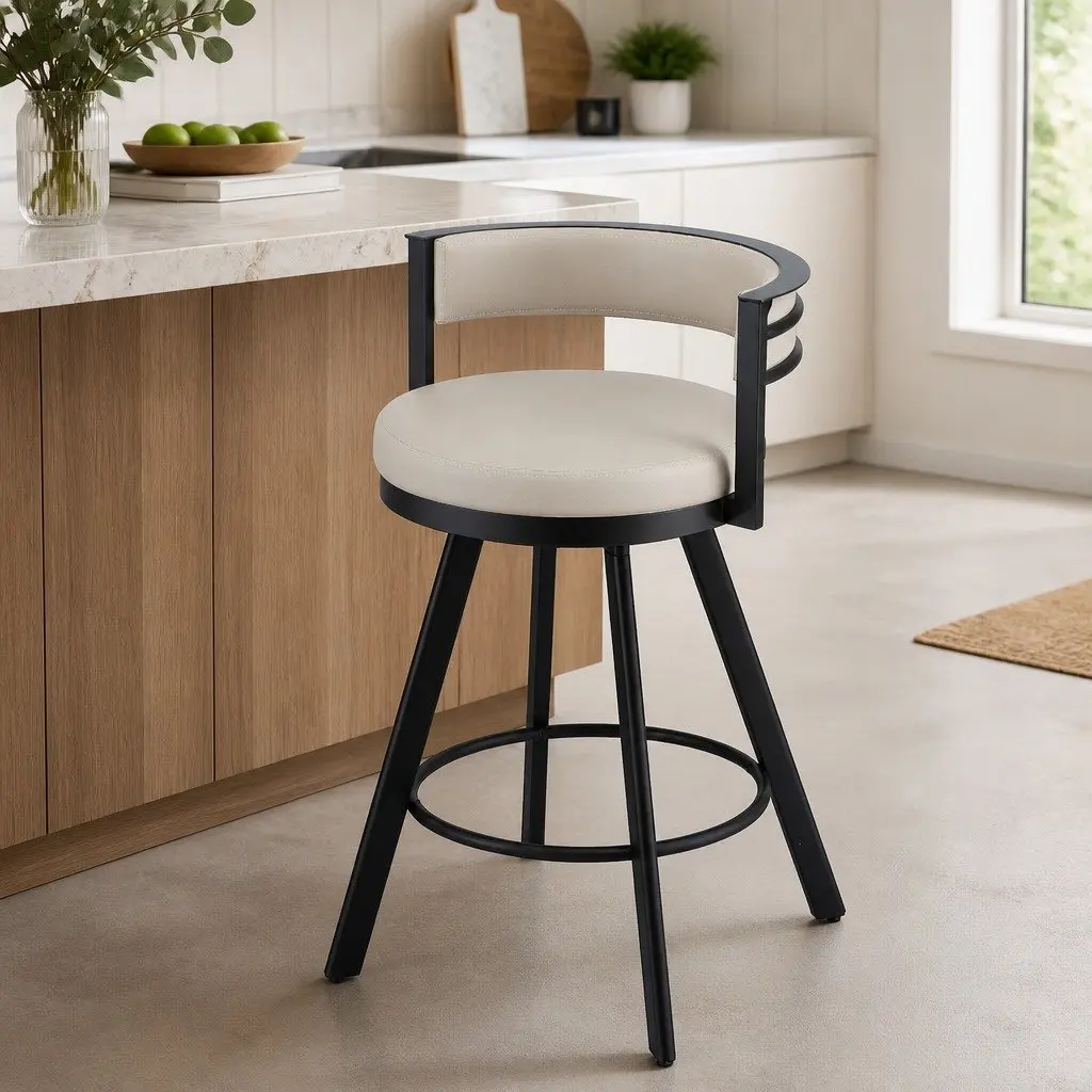 Swivel Bar Stool Metal Frame Beige PU Leather Padded Backrest 54cm x 51cm x 85cm