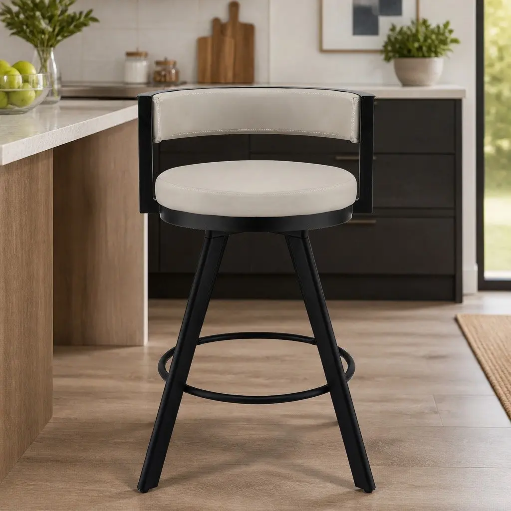 Swivel Bar Stool Metal Frame Beige PU Leather Padded Backrest 54cm x 51cm x 85cm