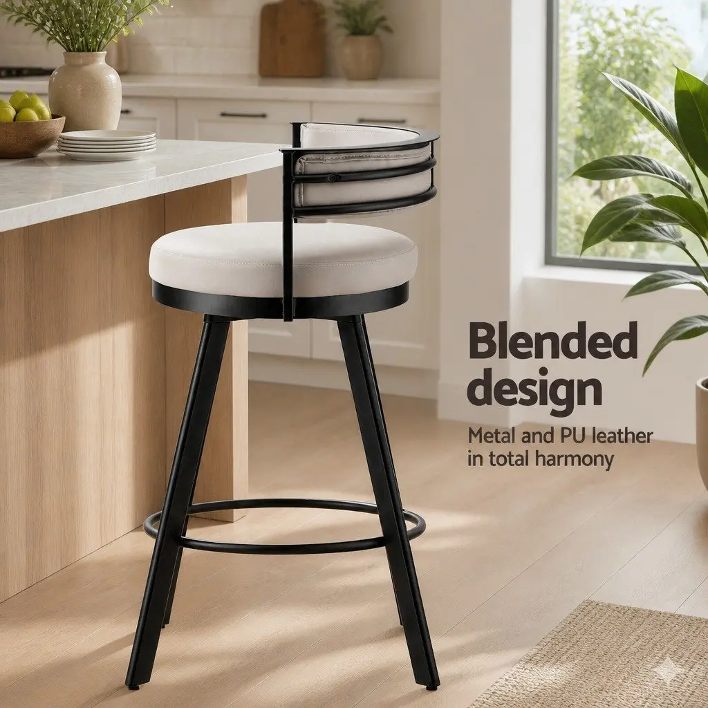 Swivel Bar Stool Metal Frame Beige PU Leather Padded Backrest 54cm x 51cm x 85cm