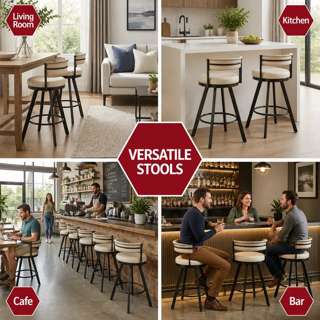 Swivel Bar Stool Metal Frame Beige PU Leather Padded Backrest 54cm x 51cm x 85cm