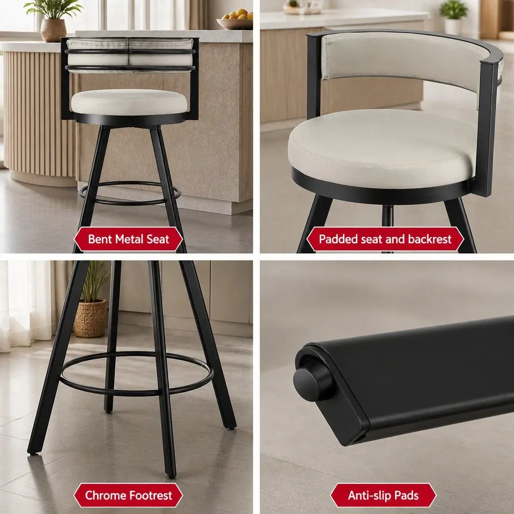 Swivel Bar Stool Metal Frame Beige PU Leather Padded Backrest 54cm x 51cm x 85cm