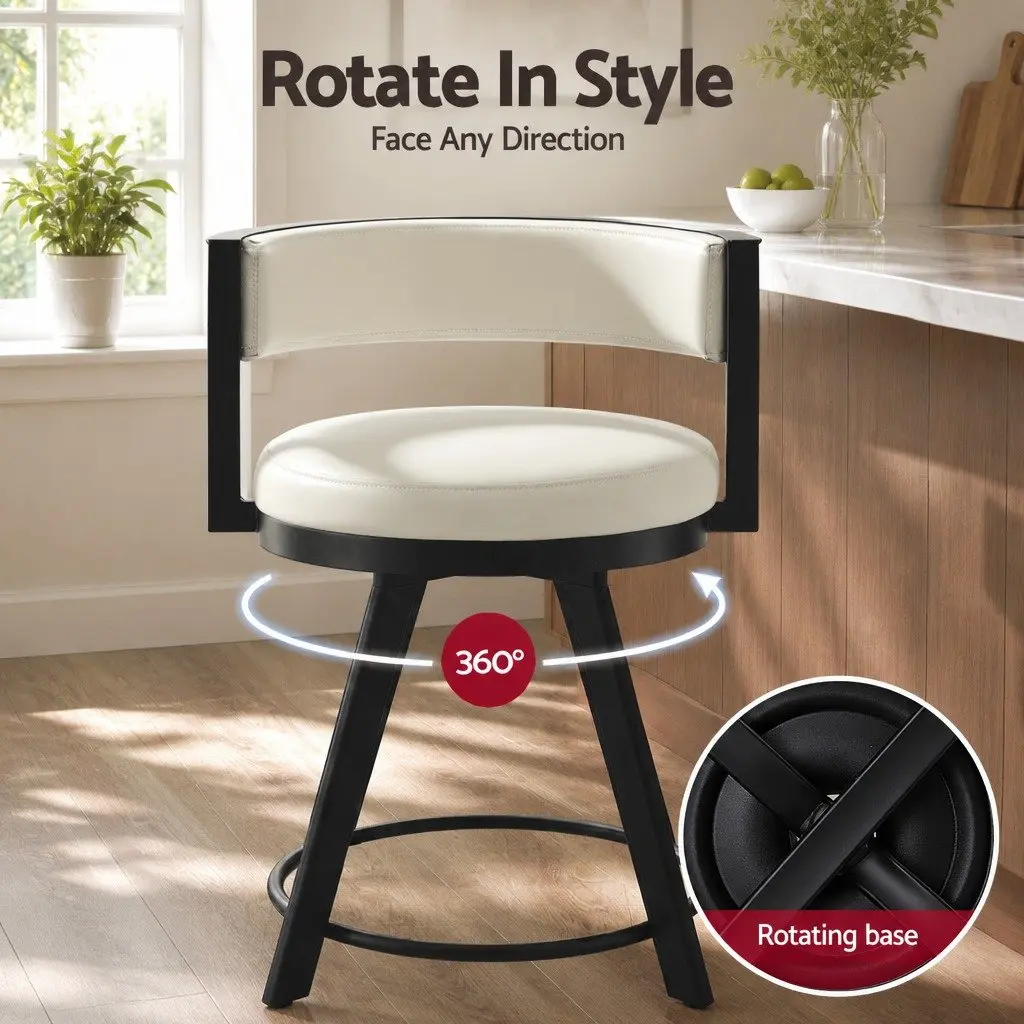 Swivel Bar Stool Metal Frame Beige PU Leather Padded Backrest 54cm x 51cm x 85cm