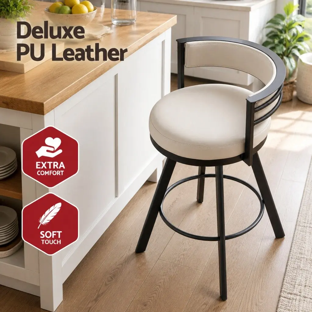 Swivel Bar Stool Metal Frame Beige PU Leather Padded Backrest 54cm x 51cm x 85cm