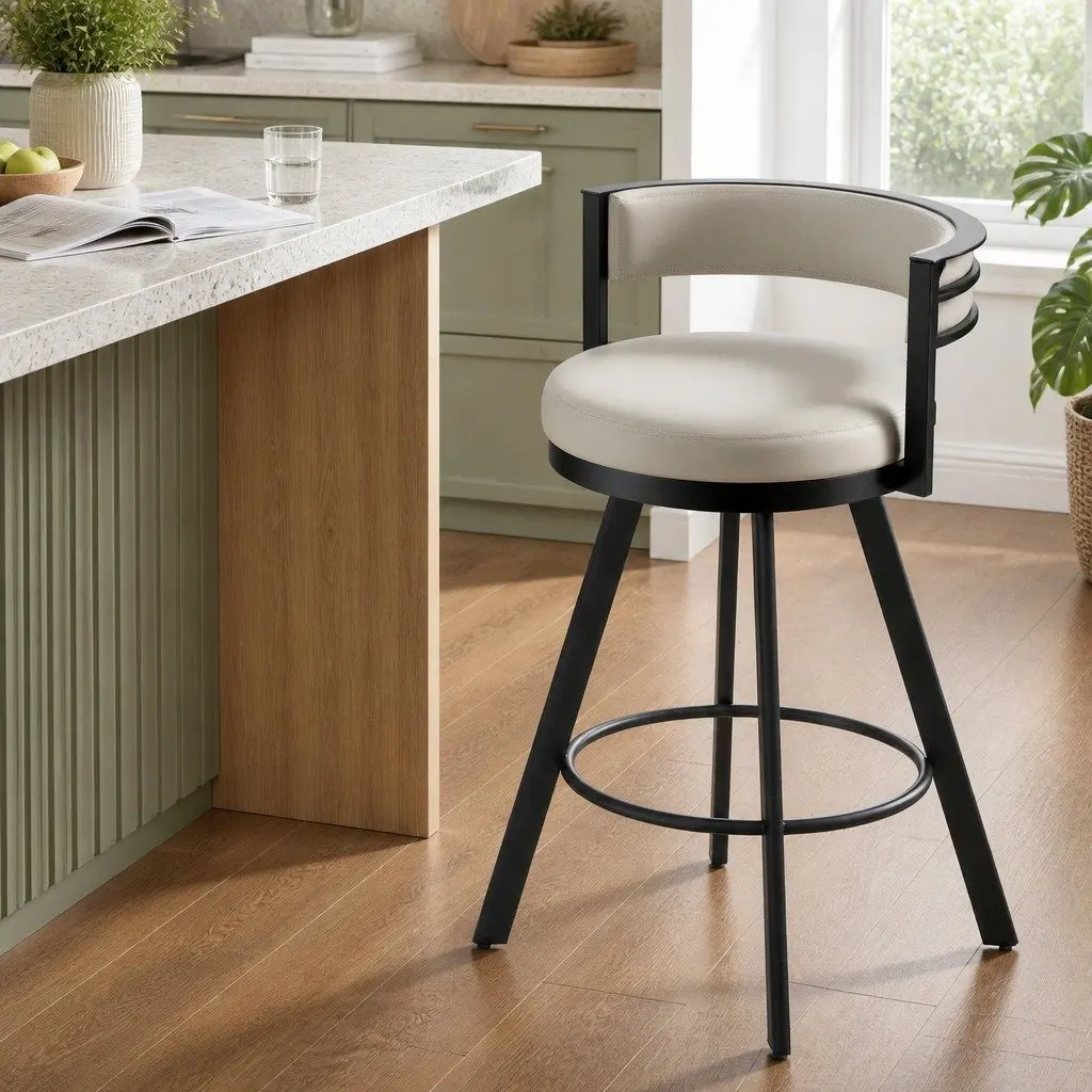 Swivel Bar Stool Metal Frame Beige PU Leather Padded Backrest 54cm x 51cm x 85cm
