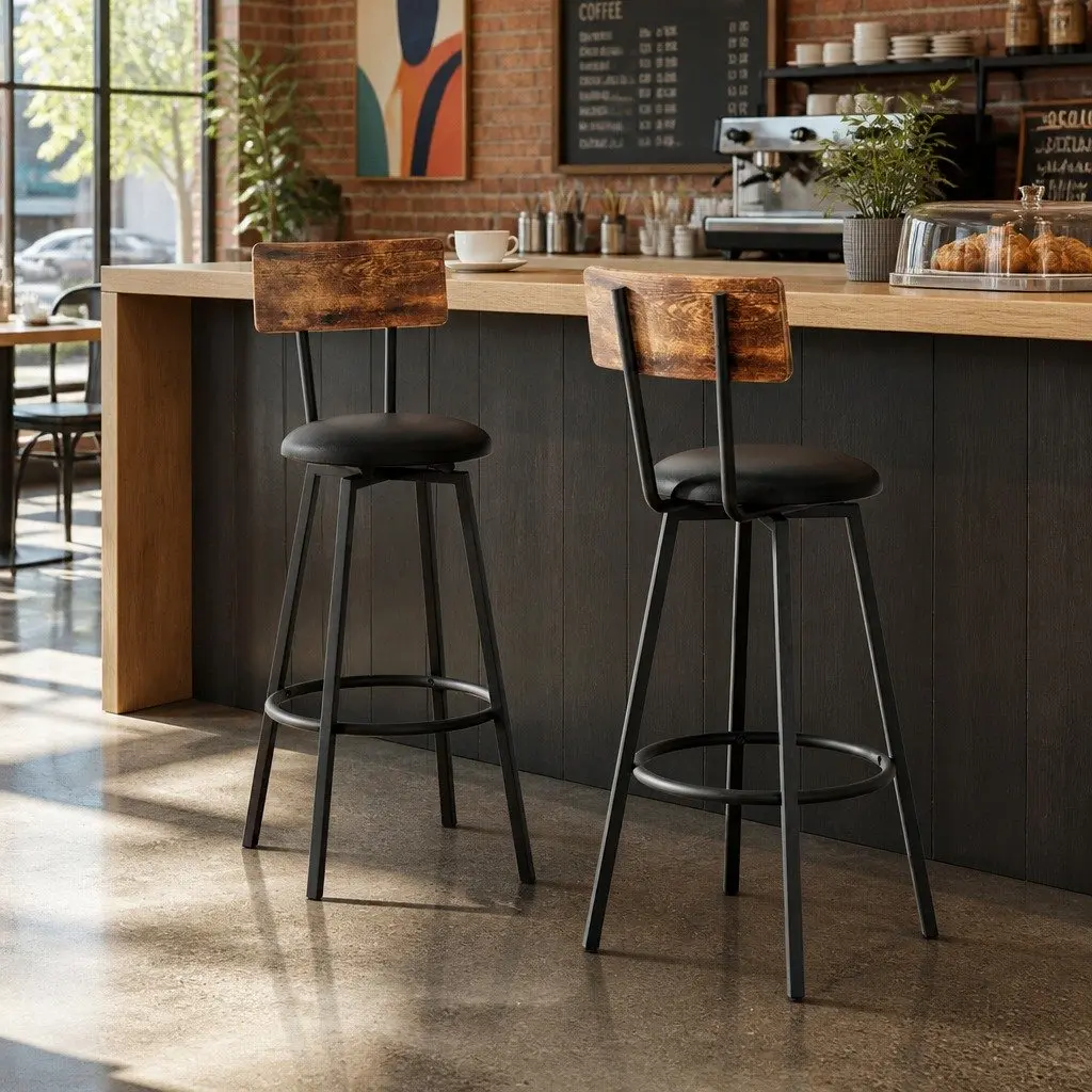 Set of 2 Industrial Bar Stools with Steel Frame