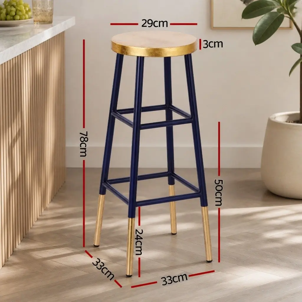 Bar Stools Set of 2 Gold Navy Metal Modern Two-Tone Design Round Seat Kitchen