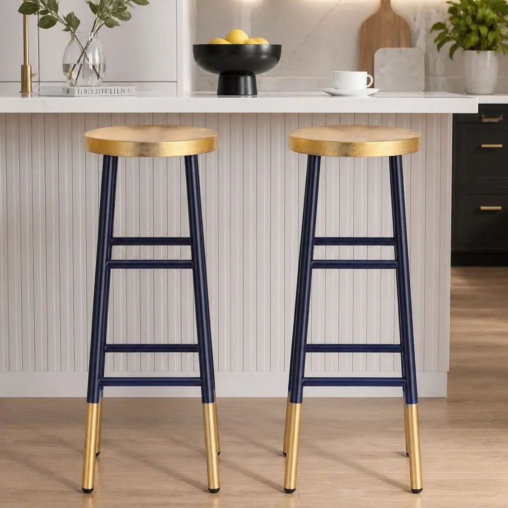 Bar Stools Set of 2 Gold Navy Metal Modern Two-Tone Design Round Seat Kitchen