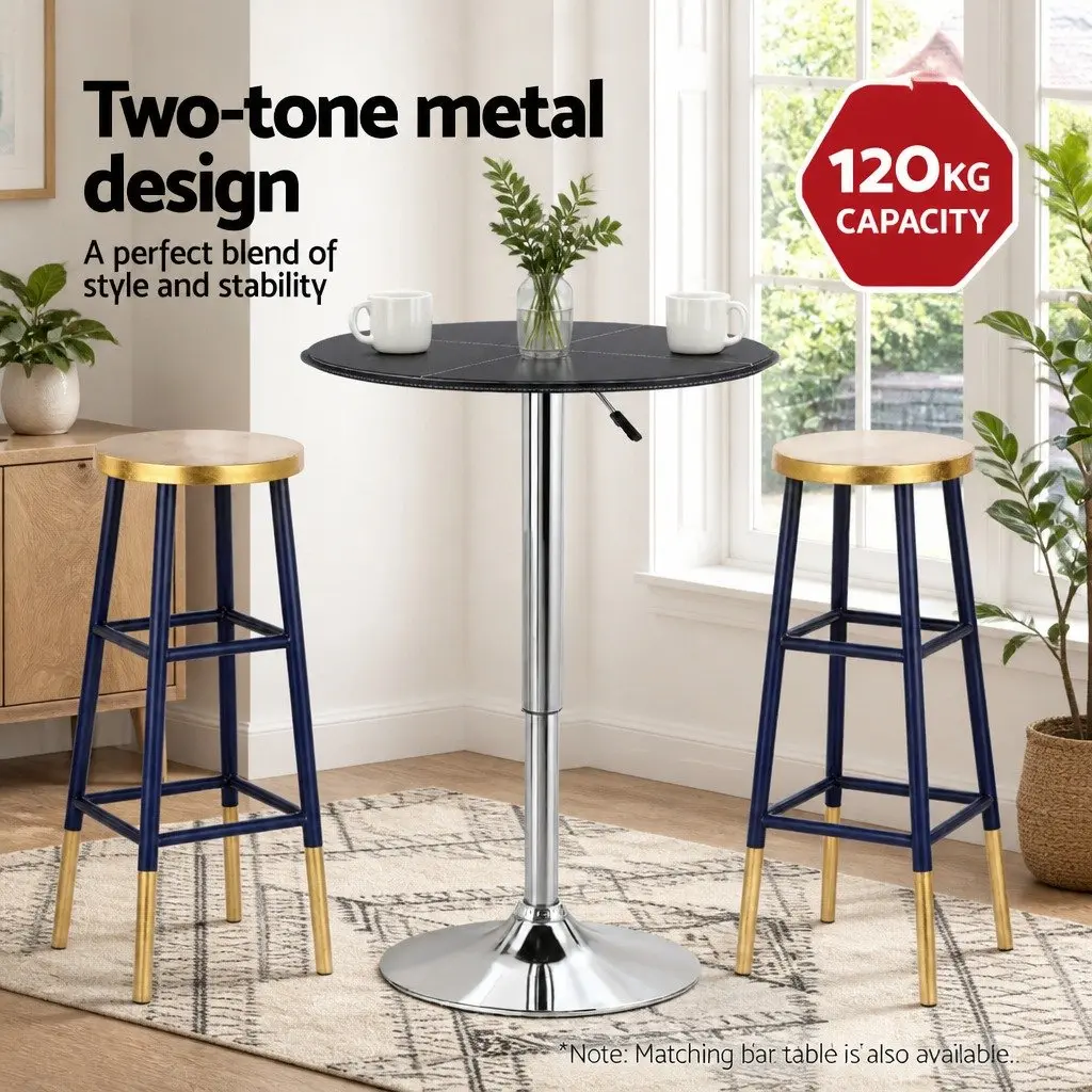 Bar Stools Set of 2 Gold Navy Metal Modern Two-Tone Design Round Seat Kitchen