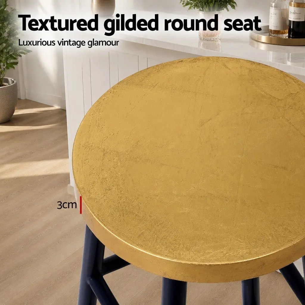 Bar Stools Set of 2 Gold Navy Metal Modern Two-Tone Design Round Seat Kitchen