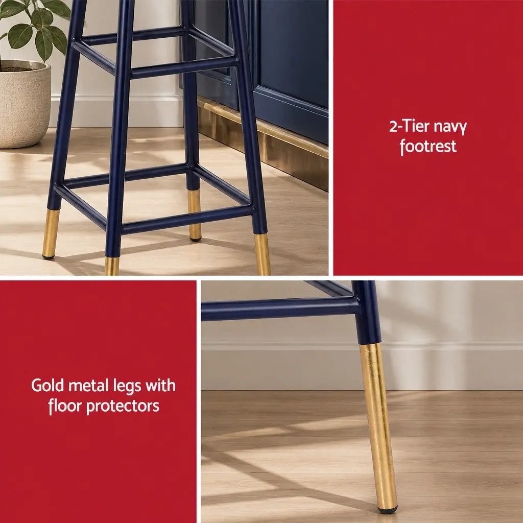 Bar Stools Set of 2 Gold Navy Metal Modern Two-Tone Design Round Seat Kitchen