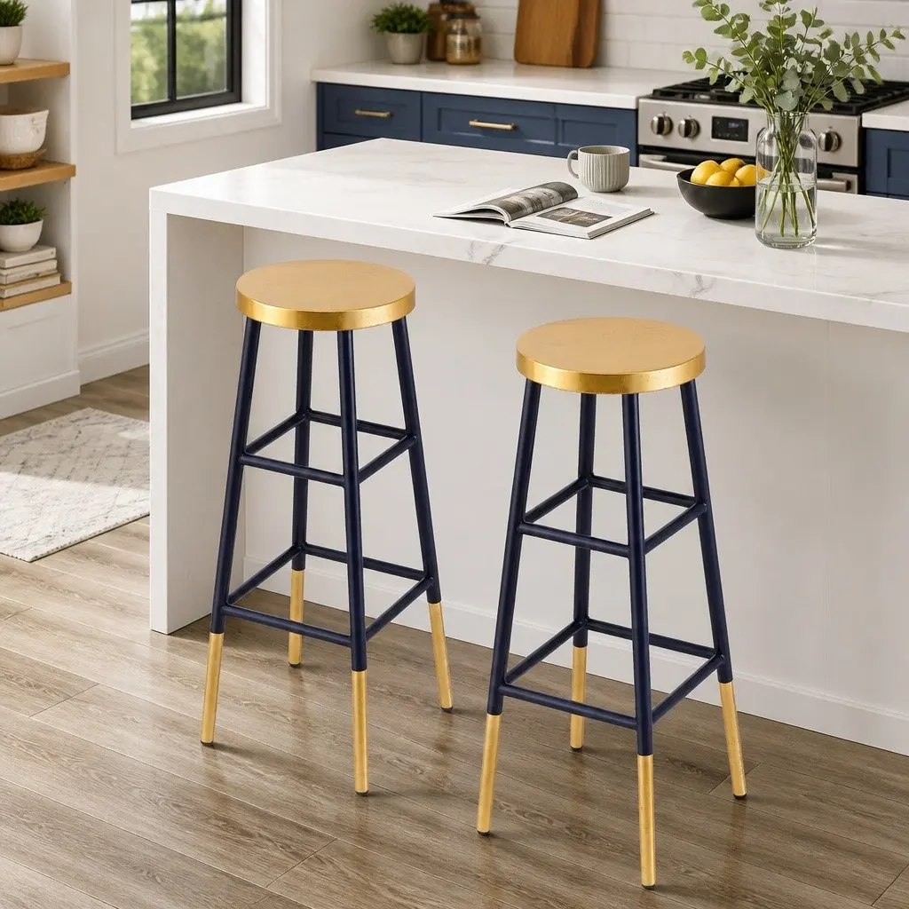 Bar Stools Set of 2 Gold Navy Metal Modern Two-Tone Design Round Seat Kitchen