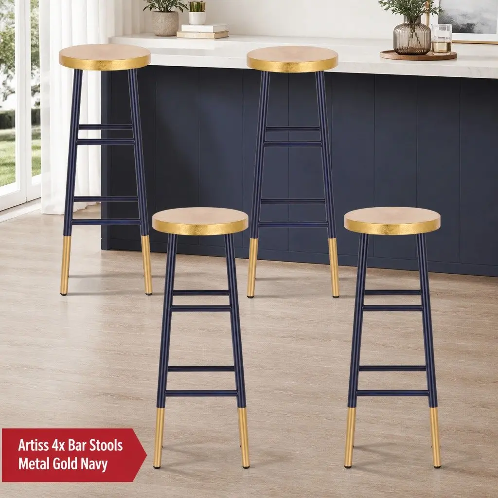 Bar Stools Two-Tone Navy Gold 76cm Metal Modern Kitchen Dining Chair Set of 4