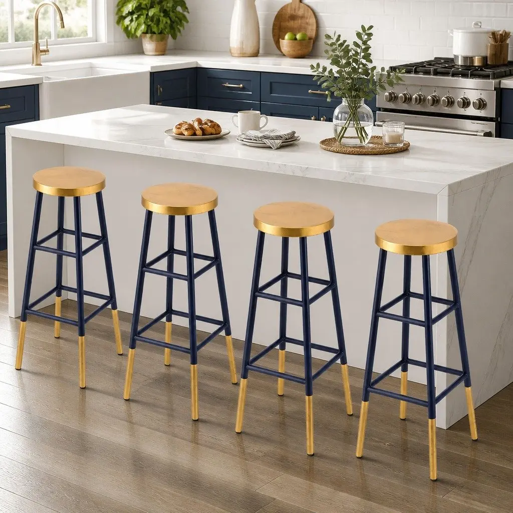 Bar Stools Two-Tone Navy Gold 76cm Metal Modern Kitchen Dining Chair Set of 4