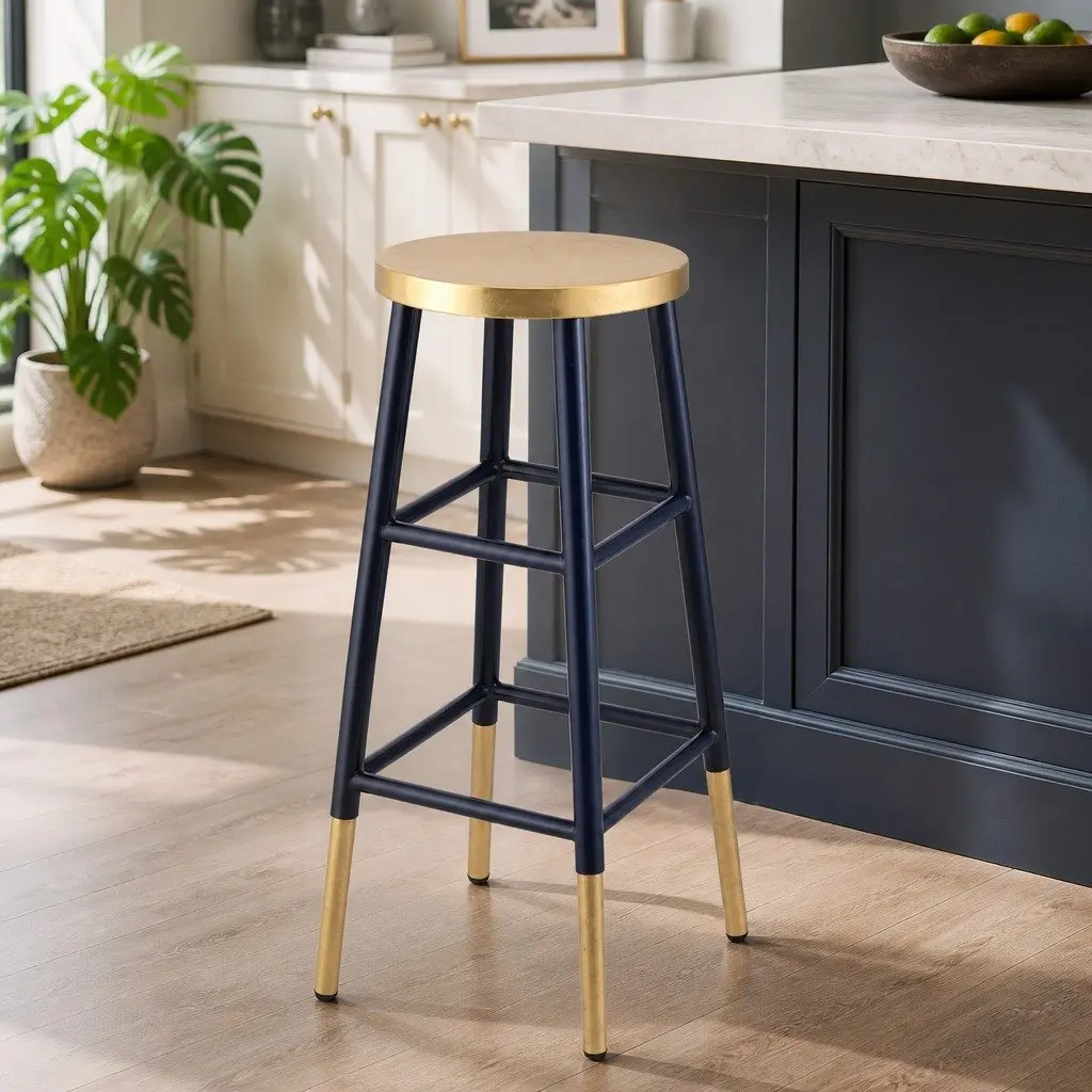 Navy and Gold Two-Tone Bar Stools with Round Seat