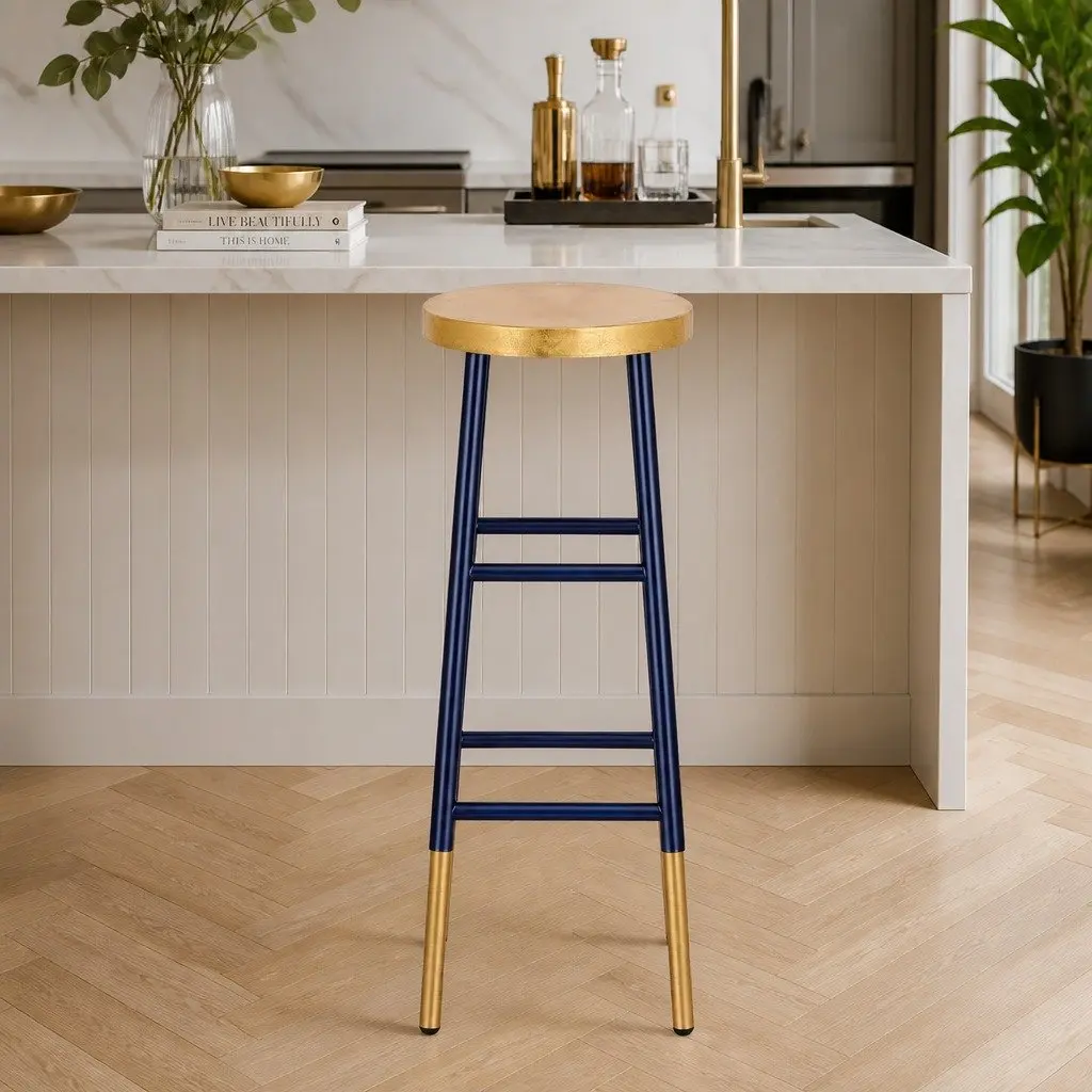 Navy and Gold Two-Tone Bar Stools with Round Seat