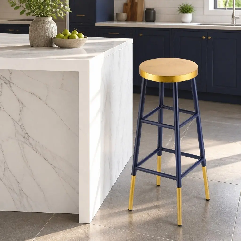 Navy and Gold Two-Tone Bar Stools with Round Seat