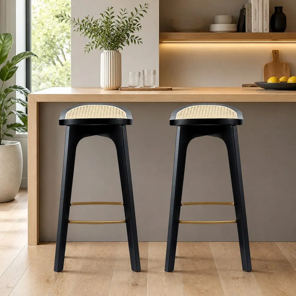 Bar Stools Backless 67cm Height Rattan Woven Seat Bamboo Frame Metal Footrest Set of 2