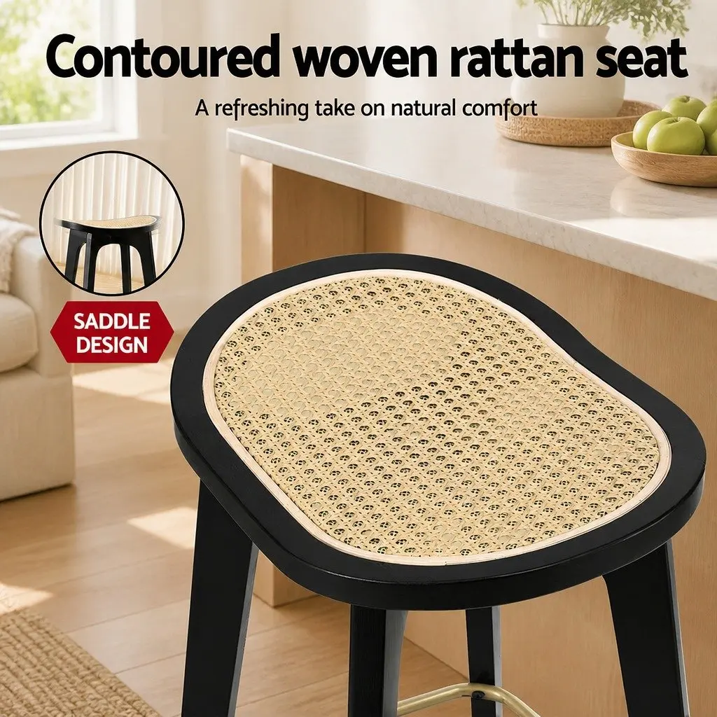 Bar Stools Backless 67cm Height Rattan Woven Seat Bamboo Frame Metal Footrest Set of 2