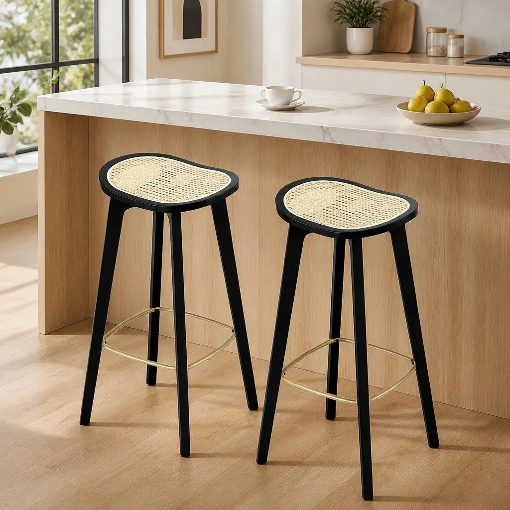 Bar Stools Backless 67cm Height Rattan Woven Seat Bamboo Frame Metal Footrest Set of 2