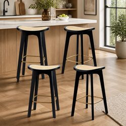 Set of 4 Black Backless Rattan Bar Stools