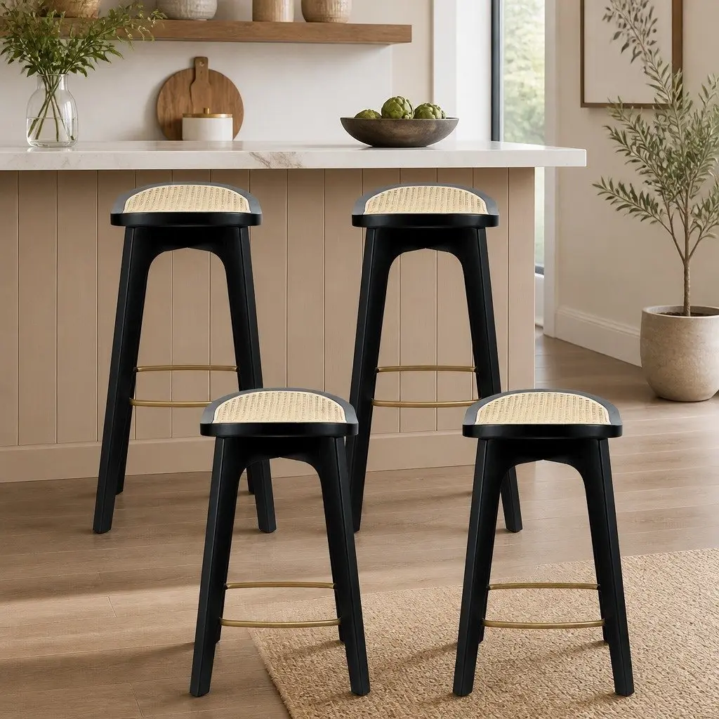 Set of 4 Black Backless Rattan Bar Stools