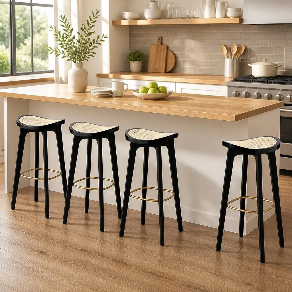 Set of 4 Black Backless Rattan Bar Stools