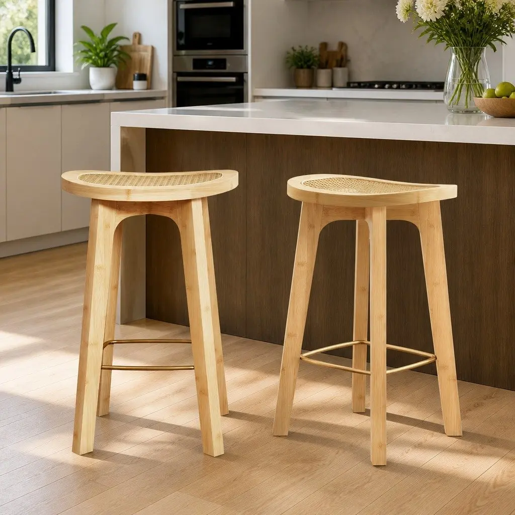 Bar Stools Rattan Seat Kitchen Counter Height Dining Chairs Oak Bamboo Frame 2 Piece