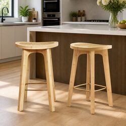 Set of 2 Oak Bar Stools with Rattan Seats