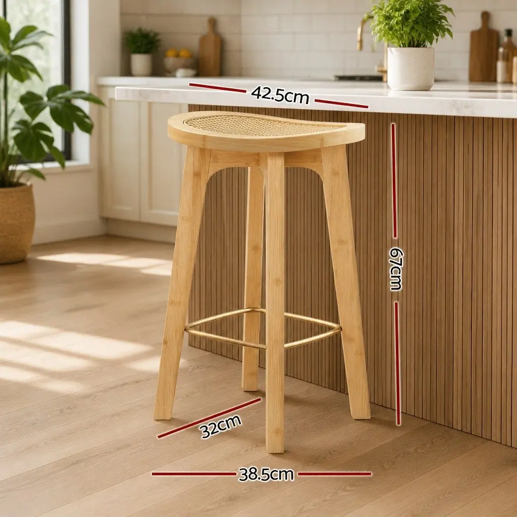 Bar Stools Rattan Seat Kitchen Counter Height Dining Chairs Oak Bamboo Frame 2 Piece