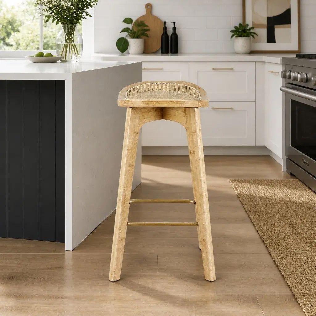 Bar Stools Rattan Seat Kitchen Counter Height Dining Chairs Oak Bamboo Frame 2 Piece
