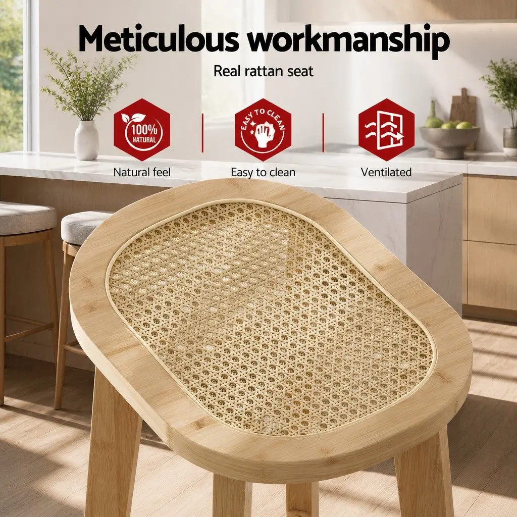 Bar Stools Rattan Seat Kitchen Counter Height Dining Chairs Oak Bamboo Frame 2 Piece