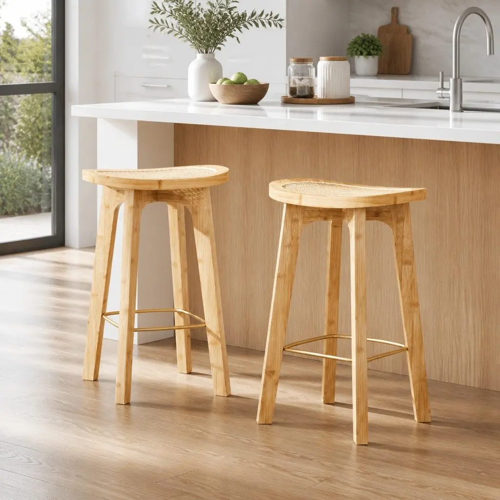 Bar Stools Rattan Seat Kitchen Counter Height Dining Chairs Oak Bamboo Frame 2 Piece