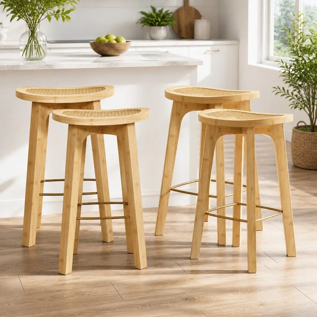 Set of 4 Bamboo Rattan Bar Stools for Kitchen