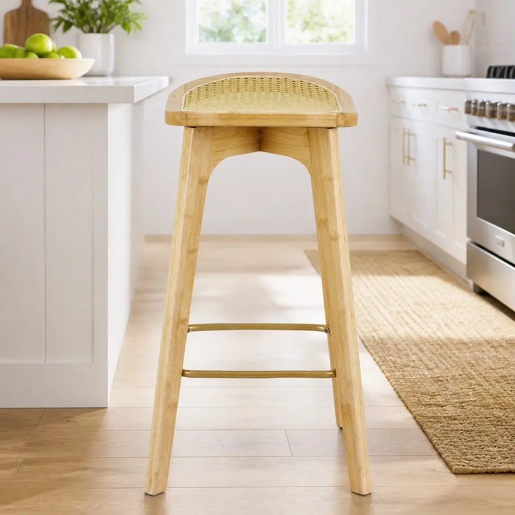 Set of 4 Bamboo Rattan Bar Stools for Kitchen