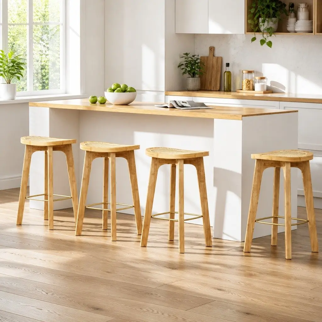 Set of 4 Bamboo Rattan Bar Stools for Kitchen