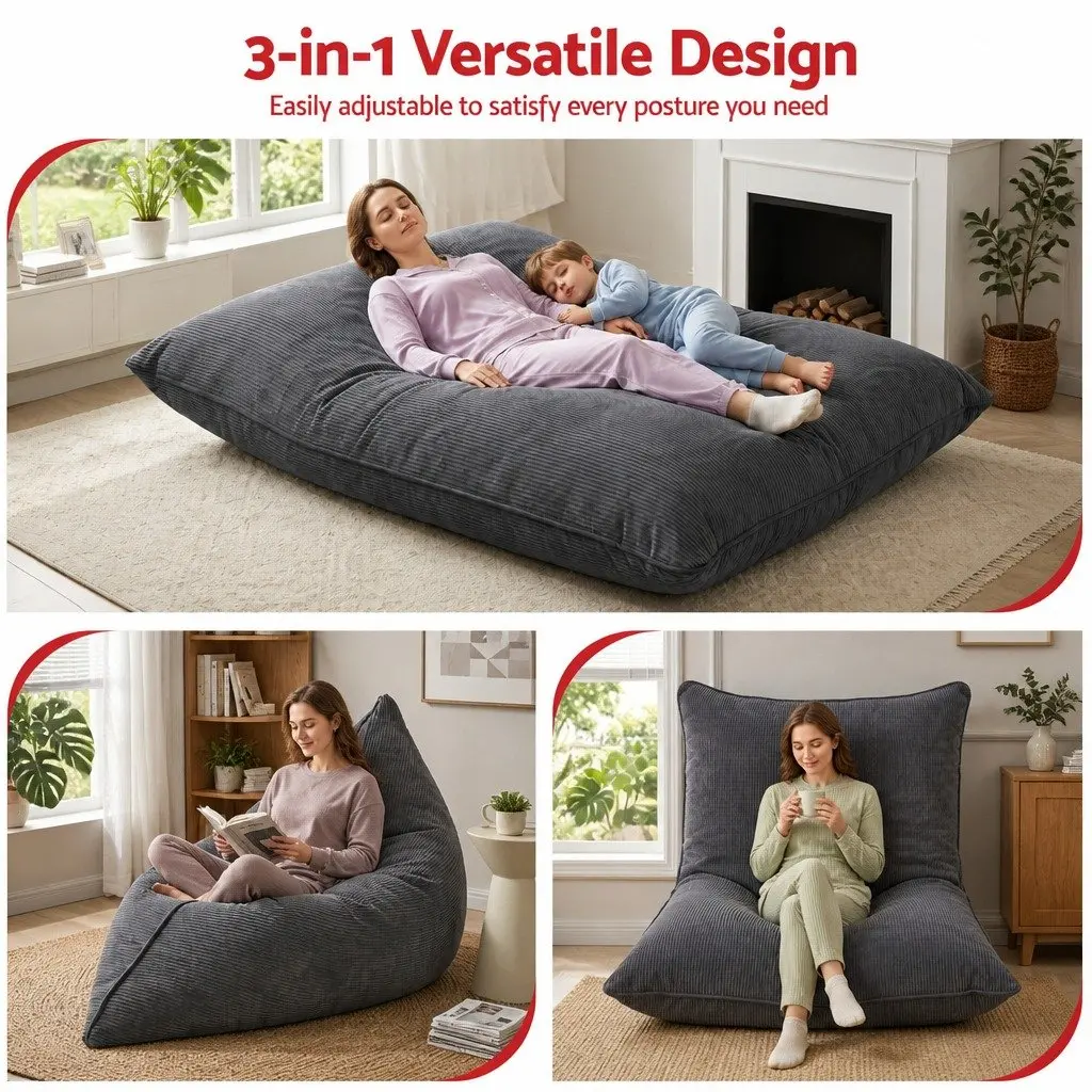3 in 1 Convertible Bean Bag Chair Floor Cushion Sofa Corduroy Cover Memory Foam