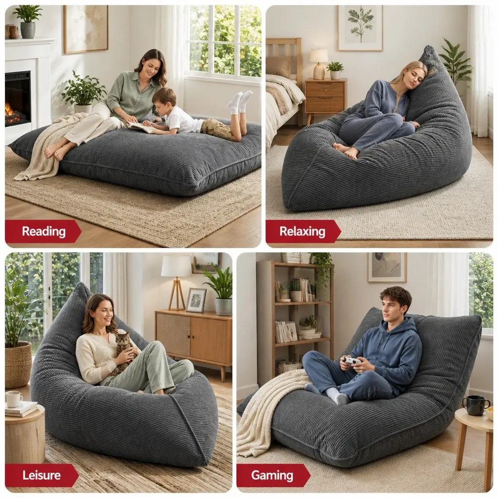 3 in 1 Convertible Bean Bag Chair Floor Cushion Sofa Corduroy Cover Memory Foam