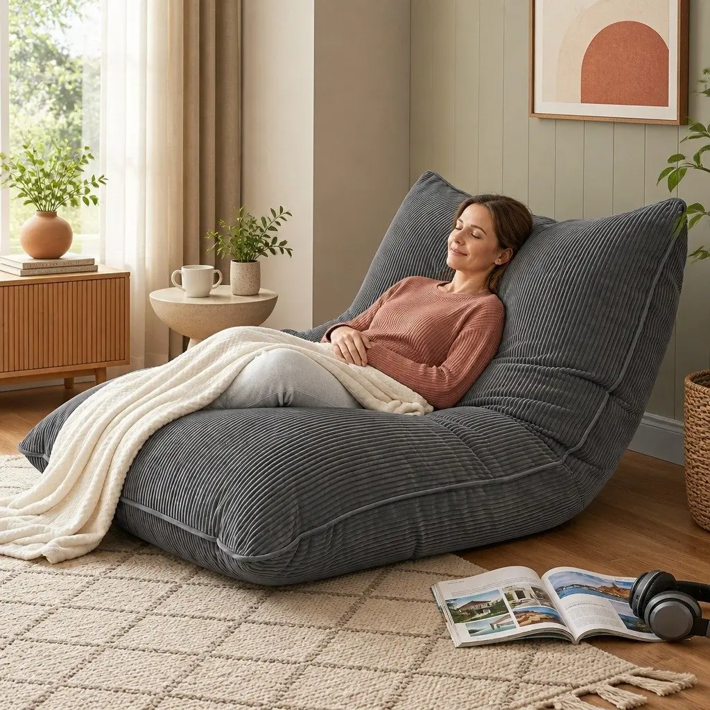 3 in 1 Convertible Bean Bag Chair Floor Cushion Sofa Corduroy Cover Memory Foam